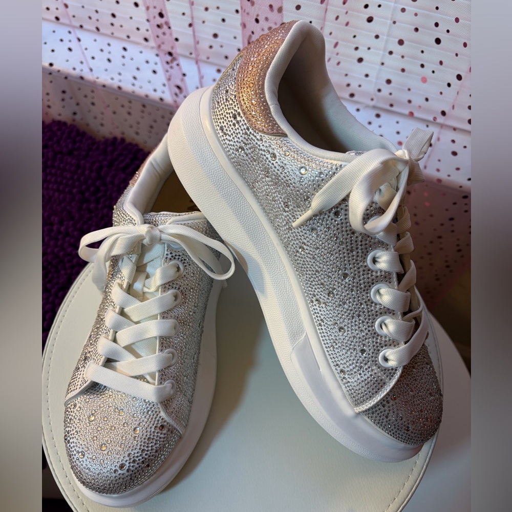 I.N.C. Silver and White Low-Top Sneakers with Platform heel and bling jewels.